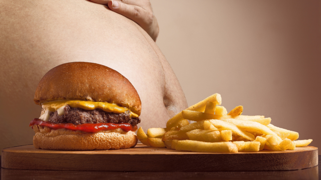 fat man with belly fat image and have hamburger sandwich and fried potatos