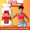 African Mango weight loss supplement bottle next to a smiling woman in a sports bra showcasing her toned abs and loose jeans, with text emphasizing 'GET TO KNOW WEIGHT LOSS SECRET'.