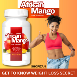 African Mango weight loss supplement bottle next to a smiling woman in a sports bra showcasing her toned abs and loose jeans, with text emphasizing 'GET TO KNOW WEIGHT LOSS SECRET'.