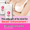 "A woman wearing a white bra stands beside bottles of Bravona Forte breast enhancement supplements and cream, with bold text emphasizing 'The Only Set of Its Kind for Breast Enhancement!