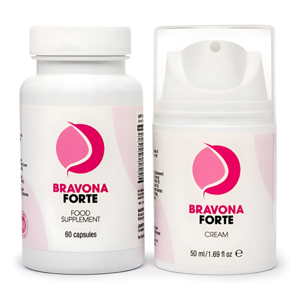 A woman wearing a white bra stands beside bottles of Bravona Forte breast enhancement supplements and cream, with bold text emphasizing 'The Only Set of Its Kind for Breast Enhancement!