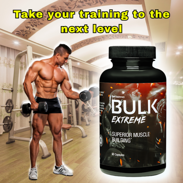 A muscular man lifting dumbbells in a gym stands beside a bottle of Bulk Extreme, a superior muscle-building supplement designed to take training to the next level.