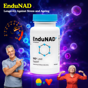 EnduNAD Longevity Against Stress and Ageing Bottle of EnduNAD+ NAD+ Level Support supplement with blue cap, surrounded by vibrant purple and blue energy waves. A fit older man points at the bottle, while an energetic senior woman flexes her muscles. Graphics include a brain, heart, speedometer (highlighting 'x1000' energy boost), and molecular structures. Tagline: 'Longevity Against Stress and Ageing.