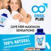 Erisil Plus bottle with a smiling couple embracing, text emphasizing 'Give Her Maximum Sensations,' and a '100% Natural' label.