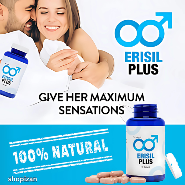 Erisil Plus bottle with a smiling couple embracing, text emphasizing 'Give Her Maximum Sensations,' and a '100% Natural' label.
