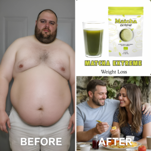 Before-and-after transformation of a man using Matcha Extreme weight loss supplement. Left panel shows overweight man; right panel shows him slim, smiling with a partner, enjoying a healthy meal. Center image features Matcha Extreme pouch and green tea glass with 'Weight Loss' text.