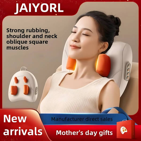 A woman enjoying a relaxing massage with the Jaiyrl neck and shoulder massager, featuring strong rubbing for the shoulder and neck oblique square muscles. The image highlights the product’s ergonomic design and includes text promoting new arrivals and Mother's Day gifts.
