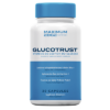 GlucoTrust blood sugar management supplement bottle beside a glucose meter showing a healthy reading, with text emphasizing 'Your Natural Way to Healthy Blood Sugar Levels' and '100% NATURAL