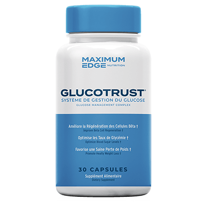 GlucoTrust blood sugar management supplement bottle beside a glucose meter showing a healthy reading, with text emphasizing 'Your Natural Way to Healthy Blood Sugar Levels' and '100% NATURAL