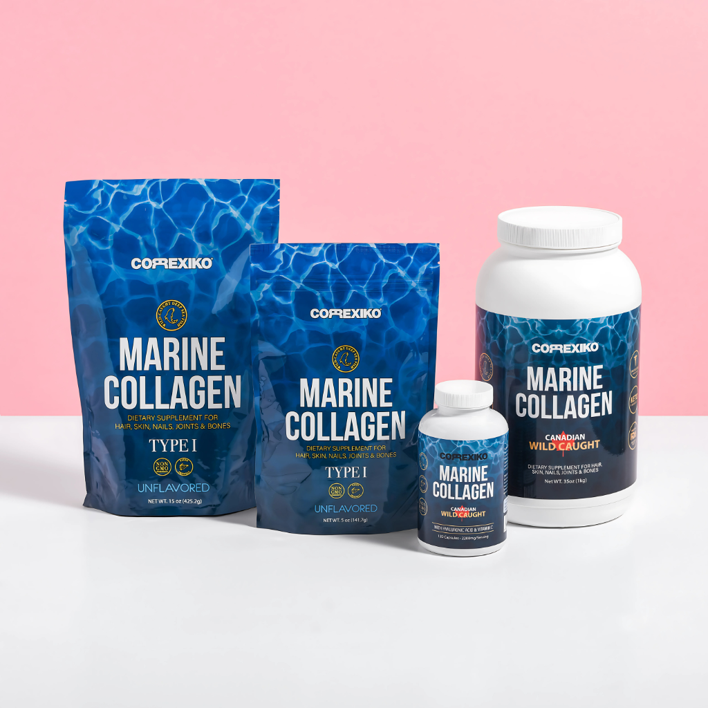 Marine Collagen Supplements | Shopizan Store: Boost Hair, Skin & Joints with Premium Collagen! Three Corexiko Marine Collagen supplements displayed on a pink-and-white background: two blue pouches (15 oz and 5 oz) labeled 'Type I Unflavored' and a white bottle with blue labeling ('Canadian Wild Caught'). All products promote hair, skin, nails, joints, and bone health.
