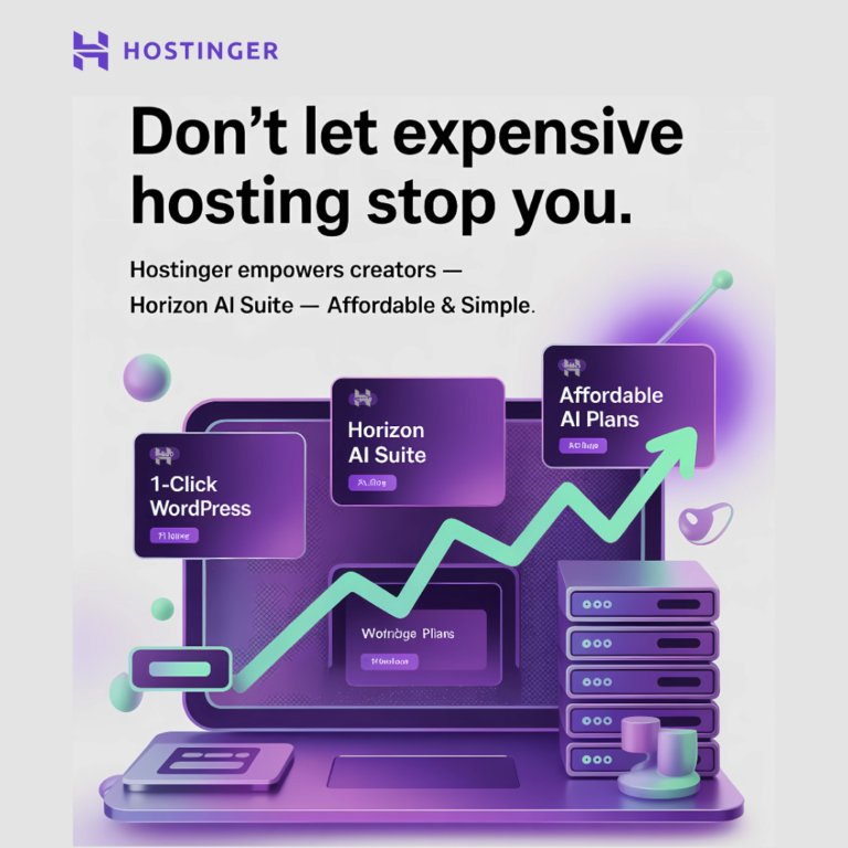 A vibrant advertisement for Hostinger featuring a purple and green color scheme. The headline reads, "Don’t let expensive hosting stop you," with subtext emphasizing affordable AI-powered hosting solutions. Visual elements include a laptop displaying a rising green growth chart, icons for "1-Click WordPress," "Horizon AI Suite," and "Affordable AI Plans," alongside server racks symbolizing reliable hosting infrastructure. The Hostinger logo is prominently displayed in the top left corner/ shopizan.com
