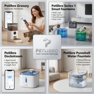 Petlibro smart pet technology collage featuring Granary automatic pet feeder, Series 1 smart fountains, Dockstream water dispenser, and Pureshell filtered water fountain with app control
