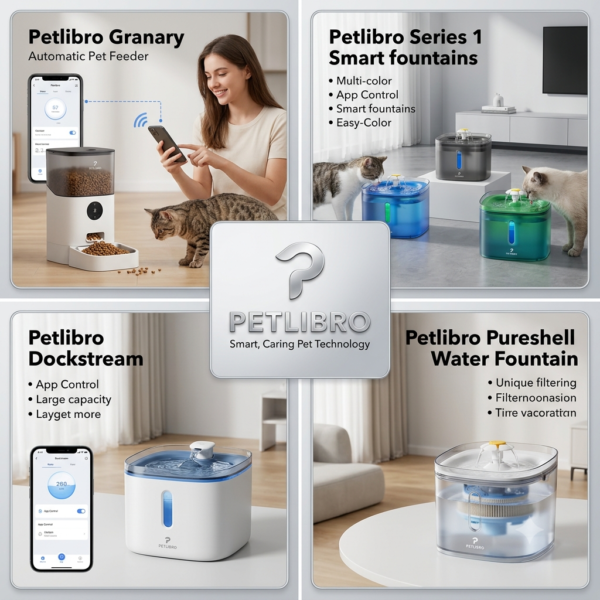Petlibro smart pet technology collage featuring Granary automatic pet feeder, Series 1 smart fountains, Dockstream water dispenser, and Pureshell filtered water fountain with app control