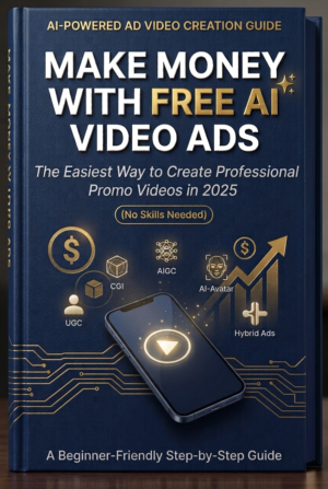 Make Money With Free AI Video Ads eBook cover showing a navy blue hardcover book with gold icons for UGC, CGI, AIGC, AI-Avatar and Hybrid Ads, a glowing smartphone play button, and a growth arrow, subtitled "The Easiest Way to Create Professional Promo Videos in 2025 (No Skills Needed)"