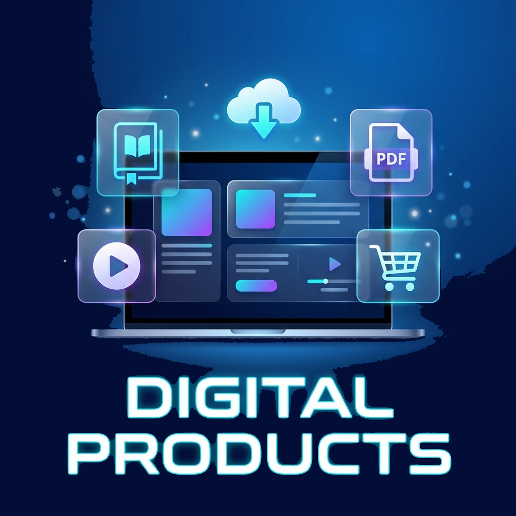 Digital products icons including eBook, PDF, video, and cloud download displayed on laptop screen with blue tech background